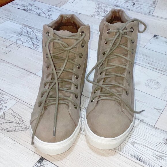 Guilty Soles Jenna Tan Vegan Suede High Top Sneaker - Picture 1 of 5